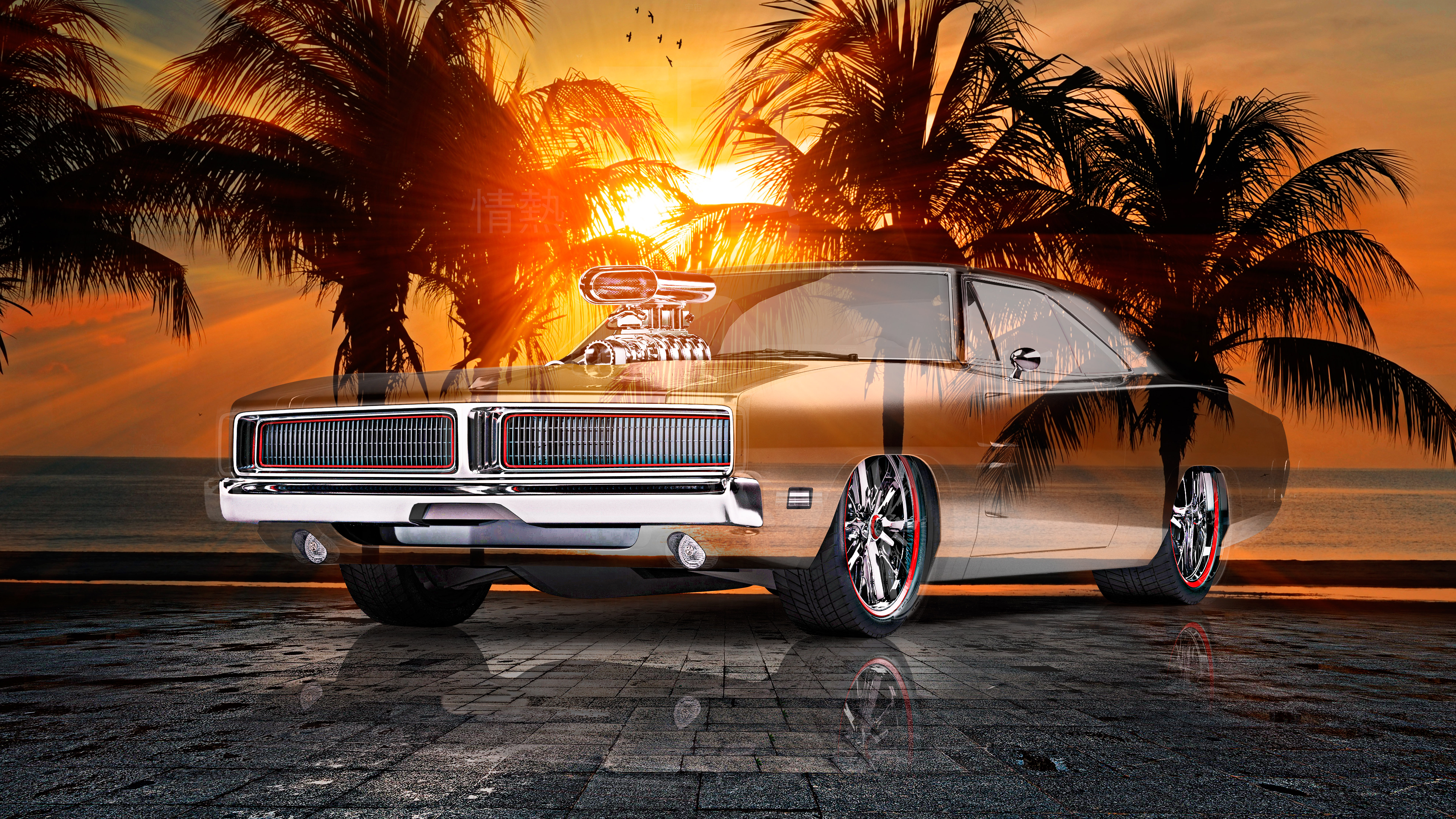 Dodge-Charger-1969-Muscle-Tuning-Super-Crystal-Passion-Soul-Sunset-Palm-Beach-Sea-Art-Car