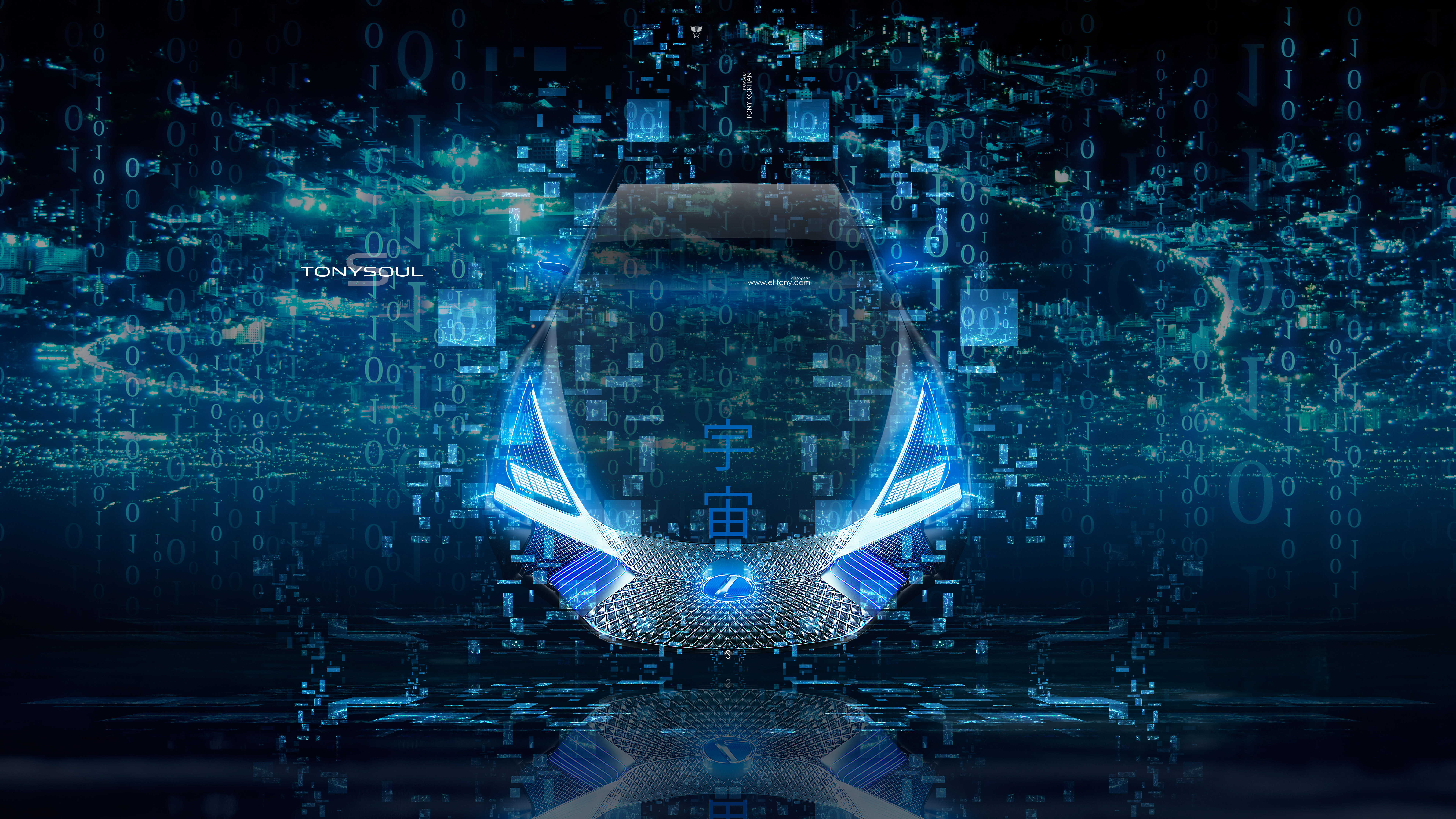 Lexus-LS-Plus-FrontUp-Universe-Space-TonySoul-Super-Crystal-Neural-Network-Square-Effects-Neon-Fly-BinaryCode-Art-Car