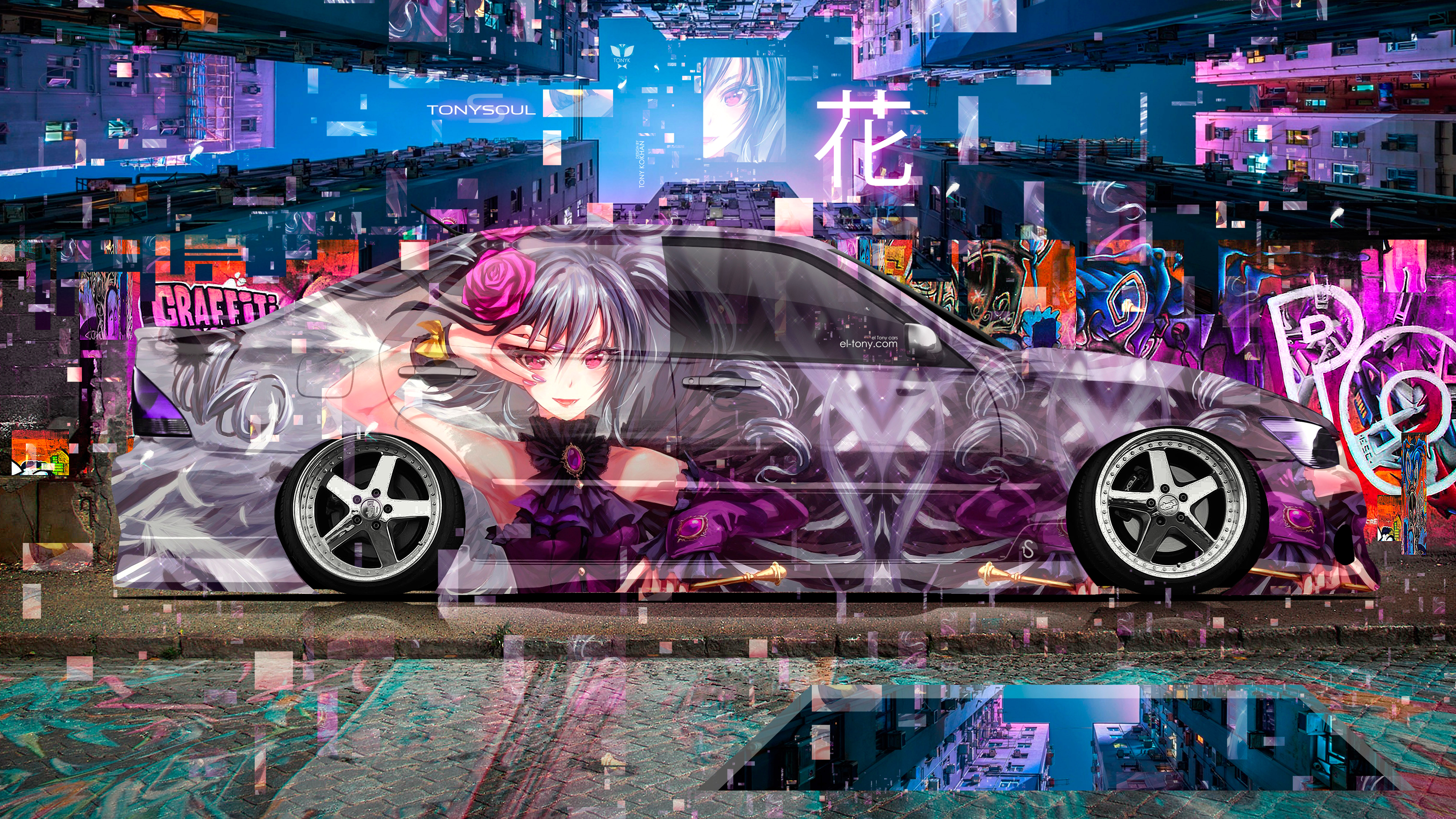 Toyota-Altezza-JDM-Tuning-Side-Super-Anime-Girl-Flower-Hana-Rose-TonySoul-Japanese-Heiroglyph-Night-Art-Car